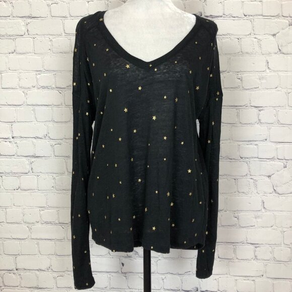 Rails Sami Black Gold Foil Star Long Sleeve Tee Size M Linen Blend - Picture 1 of 8